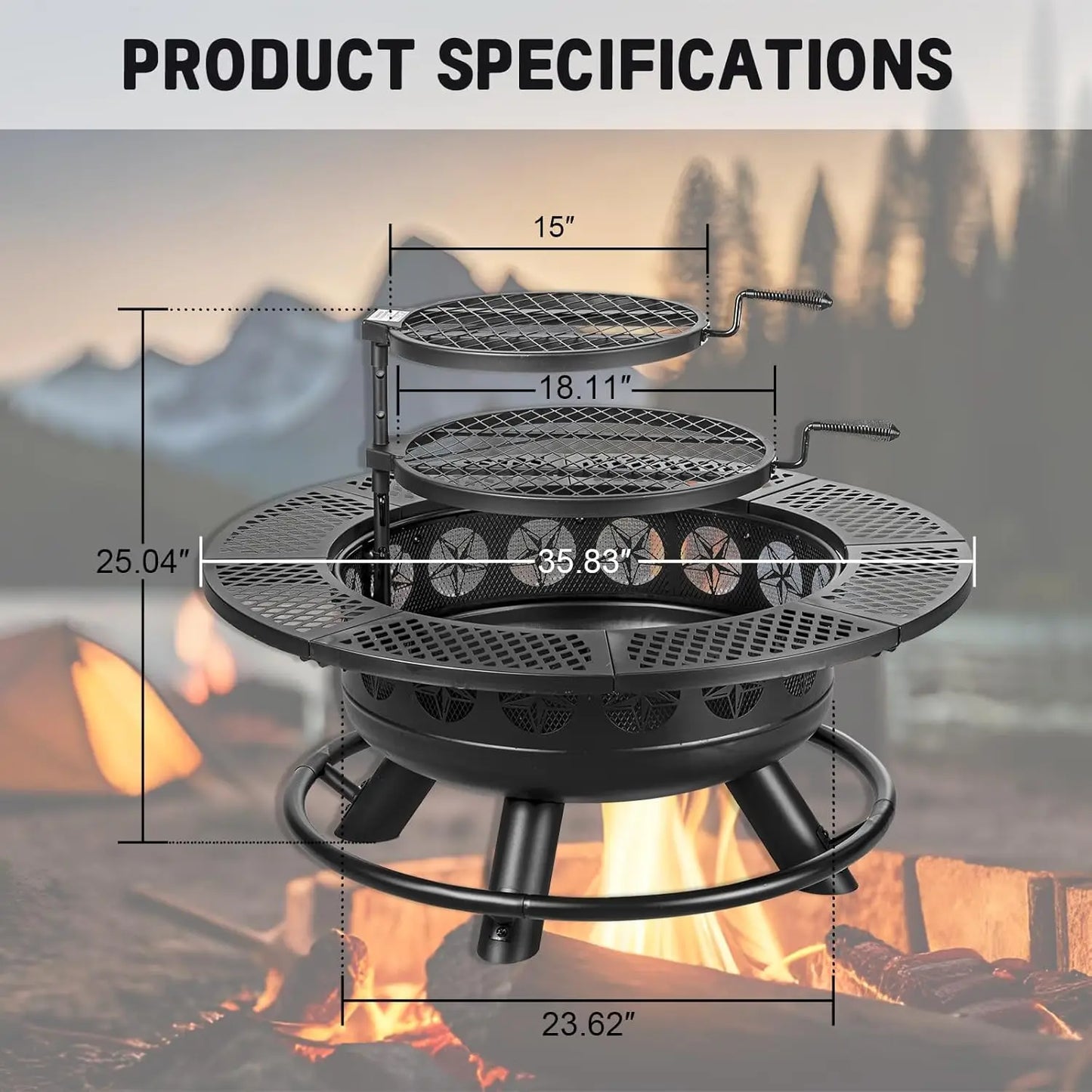 36 Inch Fire Pit with 2 Cooking Grills,Outdoor Wood Burning