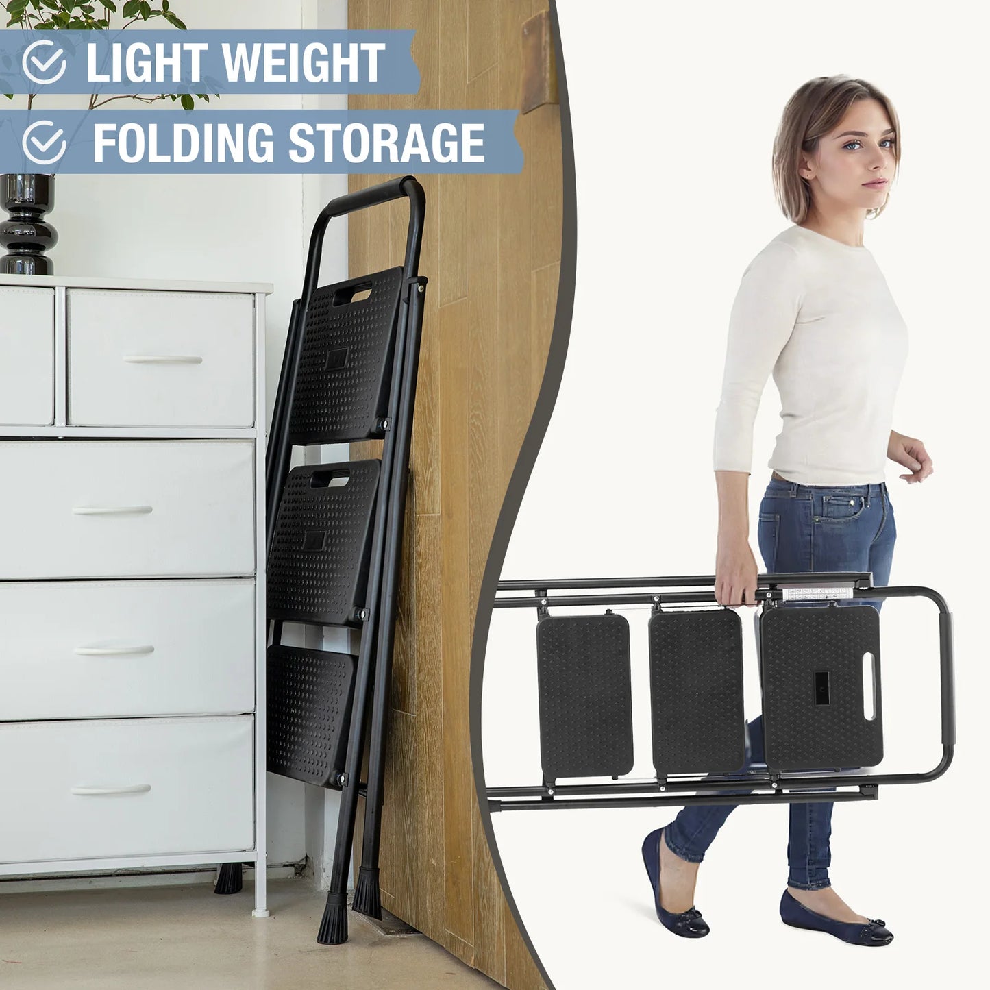 JHK Folding 2/3 Step Ladder Stool with Anti-Slip Pedal 800lbs Capacity Sturdy Steel