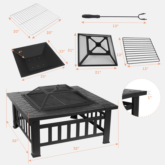 AOOU Steel Fire Pits for Outside, 32'' Square Wood Burning Table Patio BBQ