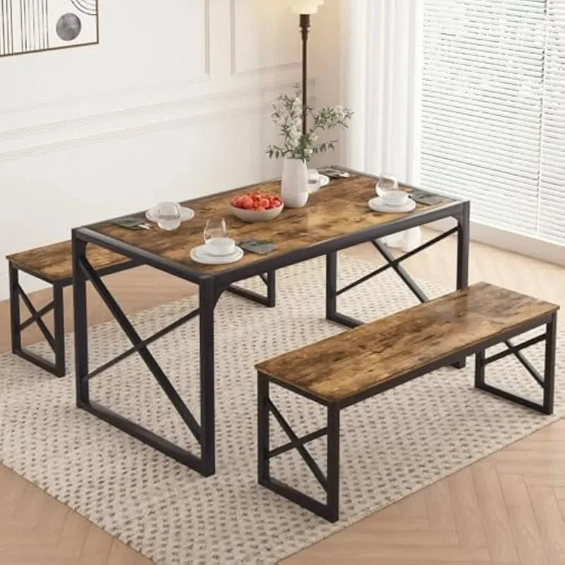 Wooden Dining Table with Metal Frame Two Benches