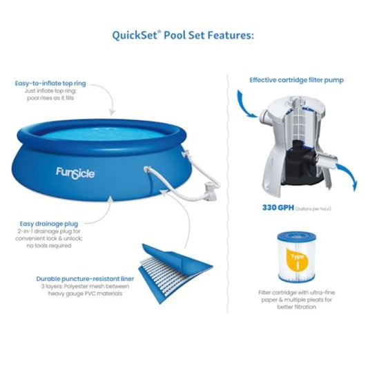 10 Foot x 30 Inch Quickset Round Inflatable Ring Top Above Ground Swimming Pool Set with Pump and Type I Cartridge Filt