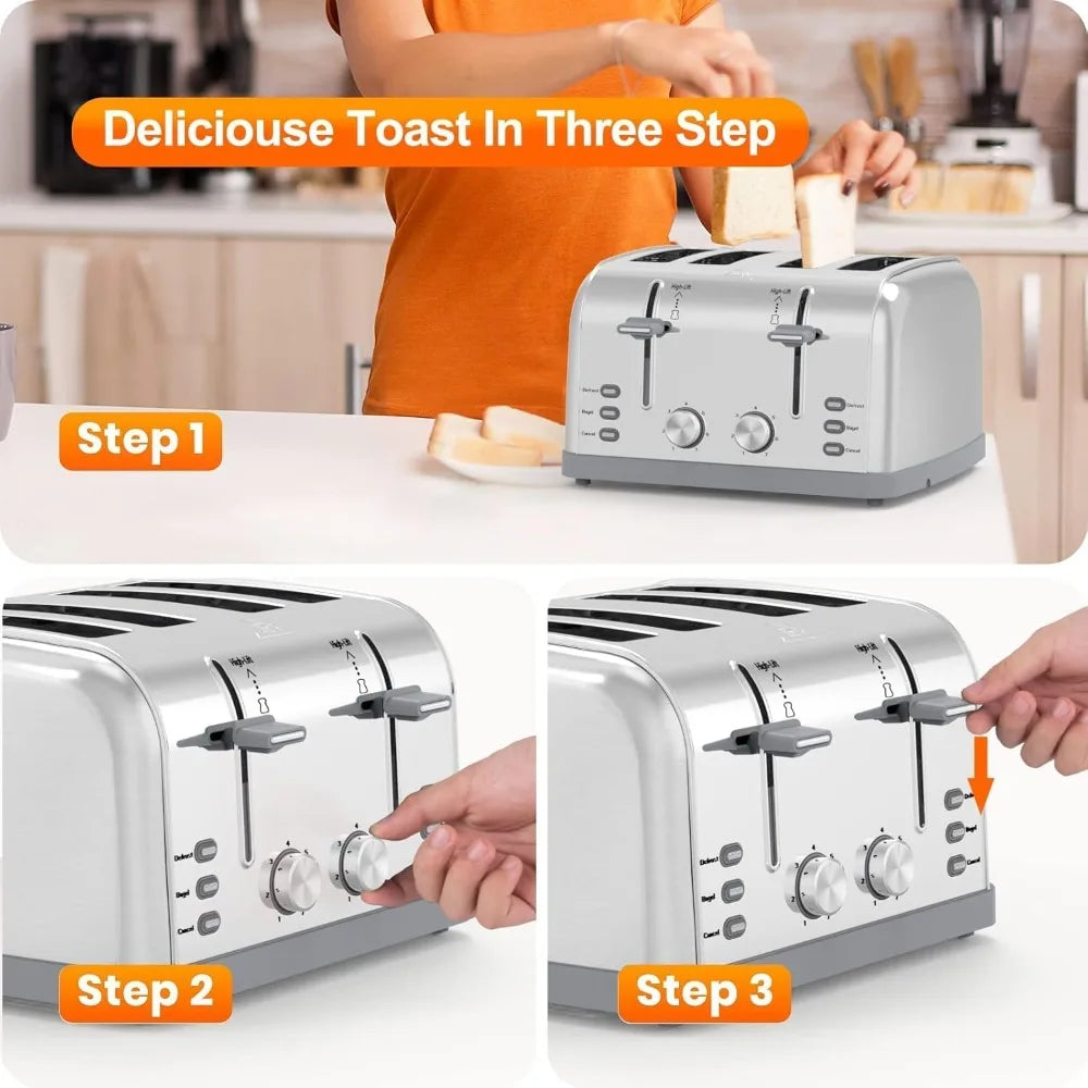 4 Slice Retro Stainless Steel, Toaster Wide Solt with 7 Shade Settings, Waffles, Bagels