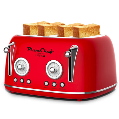Plum Chef 4 Slice Retro Style Toaster Dual Control -Red