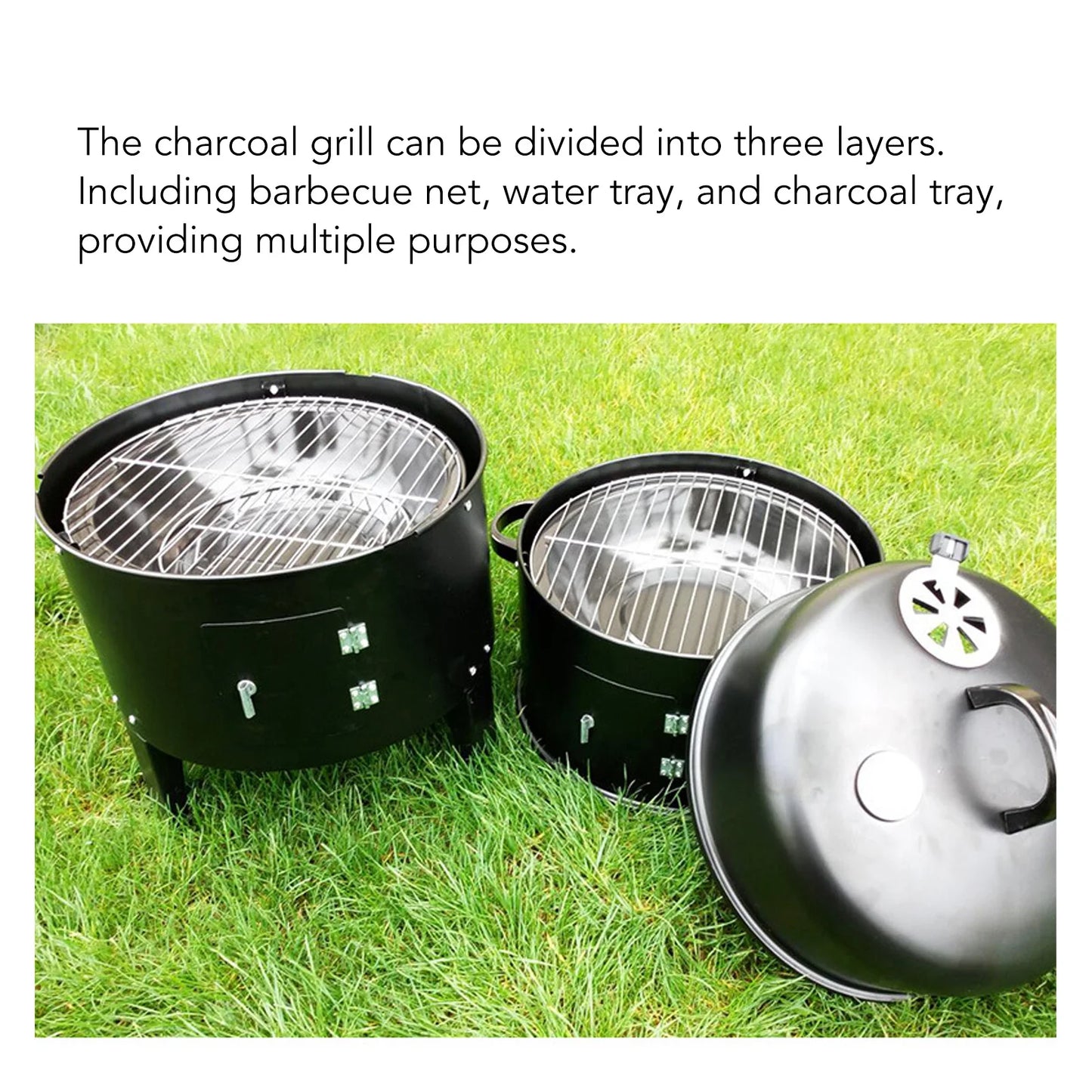 Vertical Charcoal Smoker 3 in 1 3 Layer Grill Barbecue with Thermometer