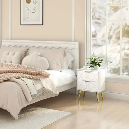 2 Drawers White Bedside Table, with Gold Leg
