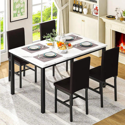 Dining Room Sets Faux Marble Table with 4 Leather Chairs