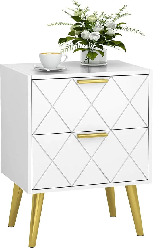 2 Drawers White Bedside Table, with Gold Leg