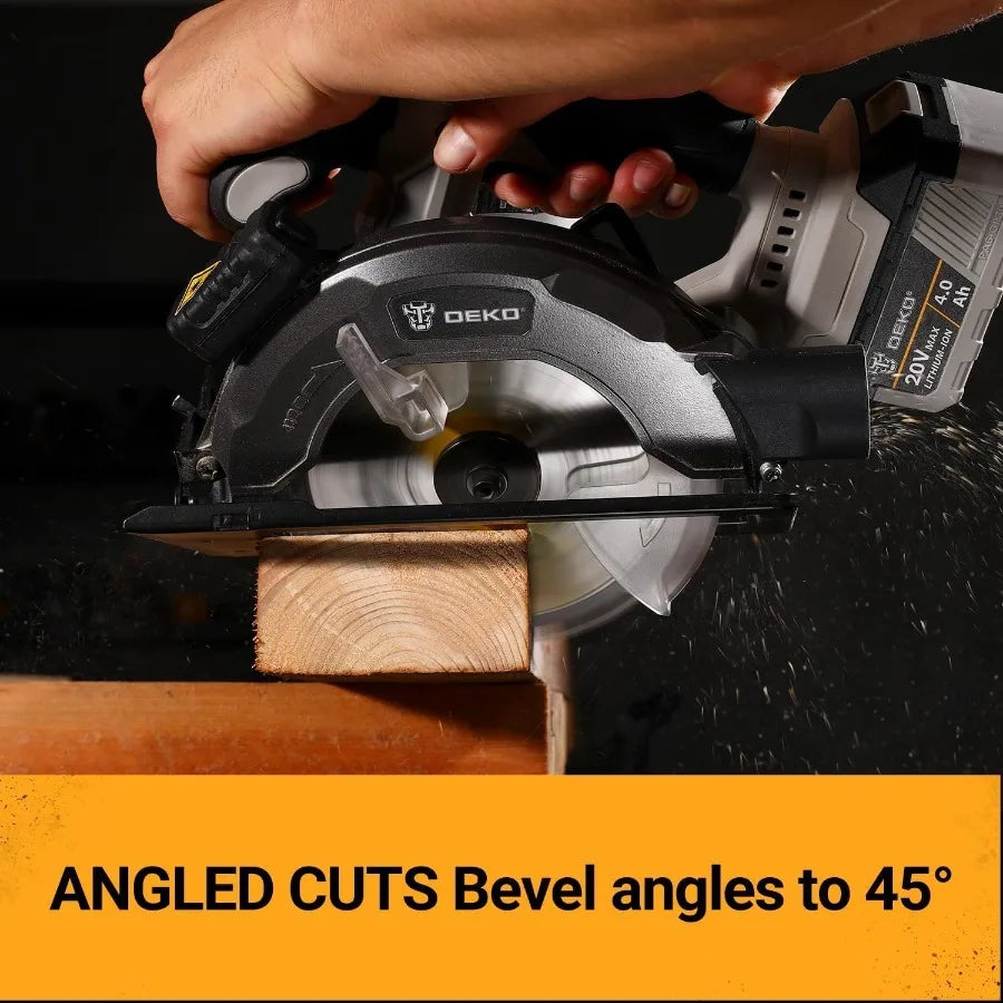 Dutcheshomeliving 20V cordless circular saw making angled cuts at 45 degrees on wood.