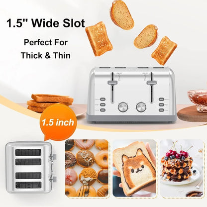 4 Slice Retro Stainless Steel, Toaster Wide Solt with 7 Shade Settings, Waffles, Bagels