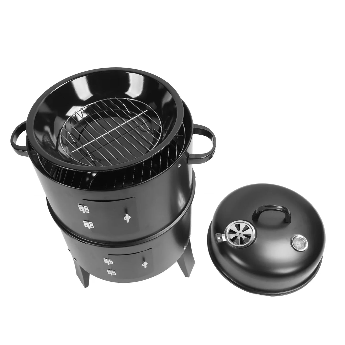 Vertical Charcoal Smoker 3 in 1 3 Layer Grill Barbecue with Thermometer