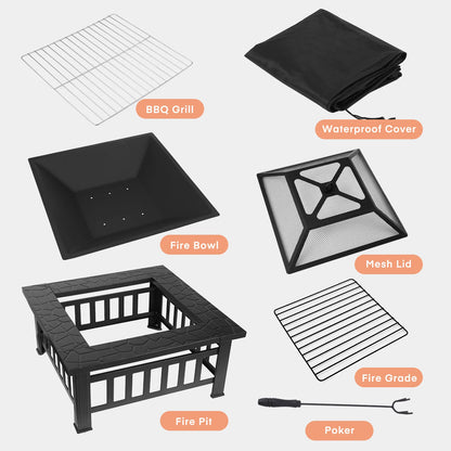 AOOU Steel Fire Pits for Outside, 32'' Square Wood Burning Table Patio BBQ