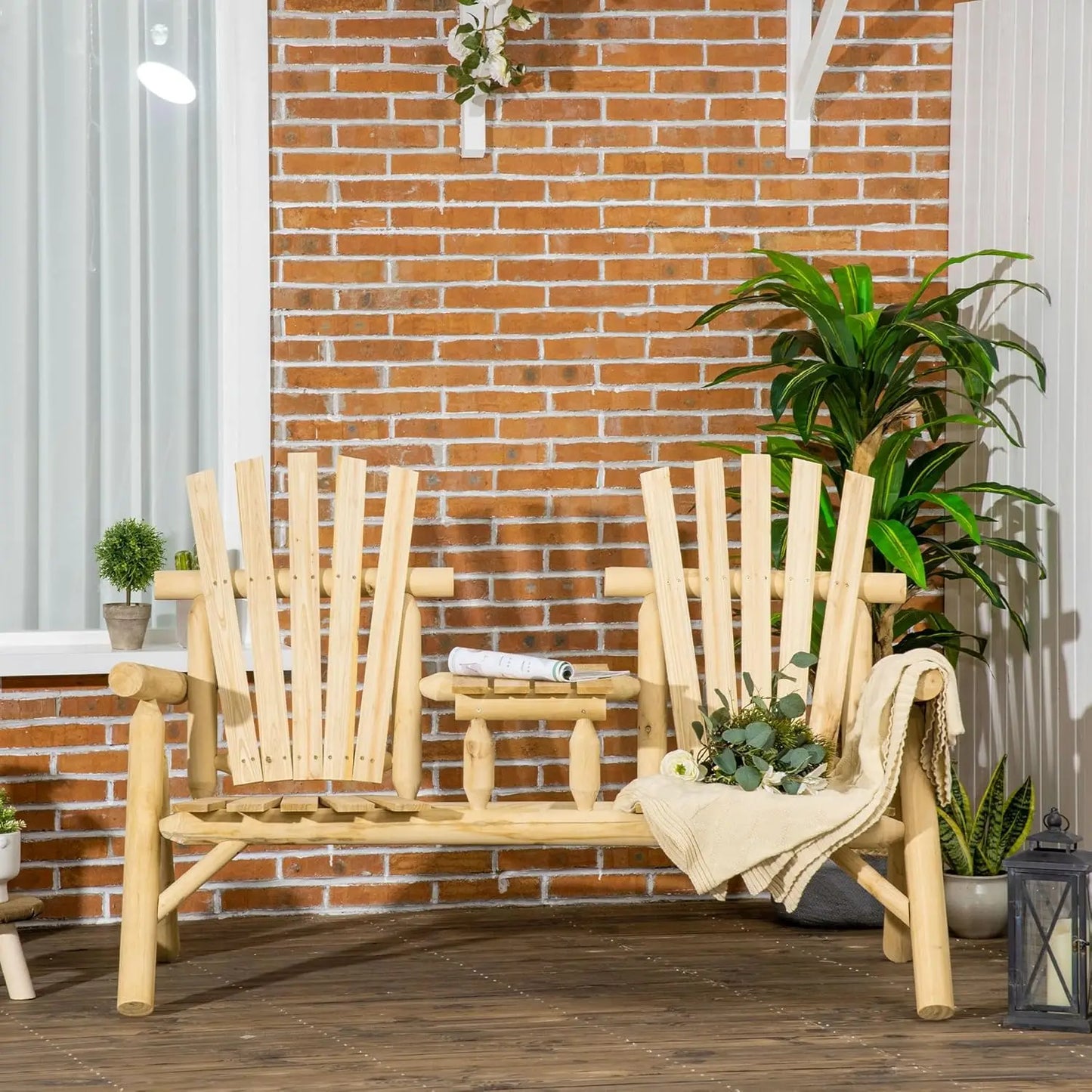 2-Seat Wooden Adirondack Chair, Patio Bench with Table,