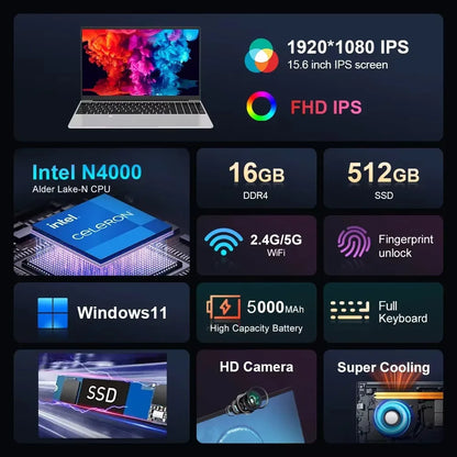 Windows 11 Pro 15.6" Laptop Computer Intel Celeron Fingerprint Unlock Notebook