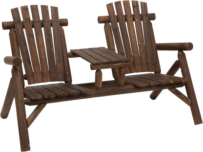 2-Seat Wooden Adirondack Chair, Patio Bench with Table,
