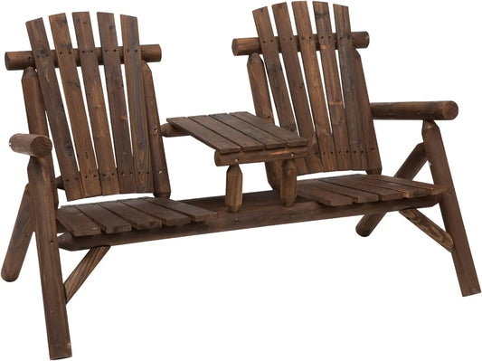 2-Seat Wooden Adirondack Chair, Patio Bench with Table,