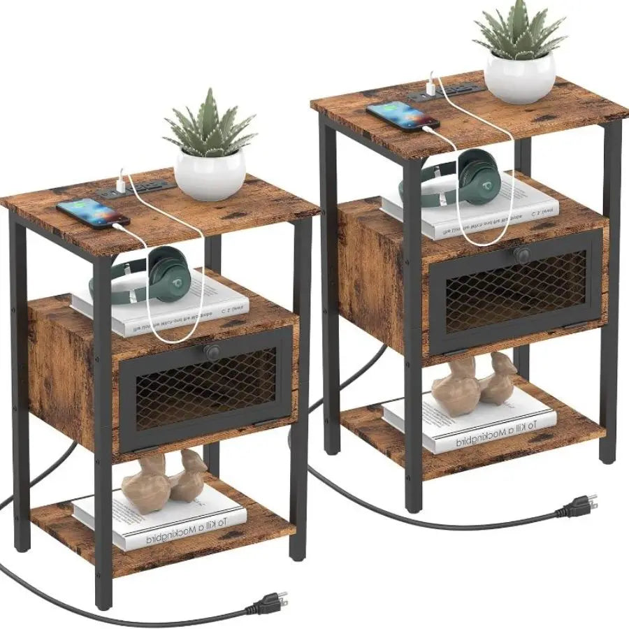 Side Tables with Charging Station and Drawer Set of 2 Night Stands with USB Ports