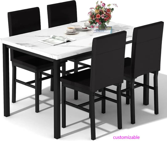 Dining Room Sets Faux Marble Table with 4 Leather Chairs