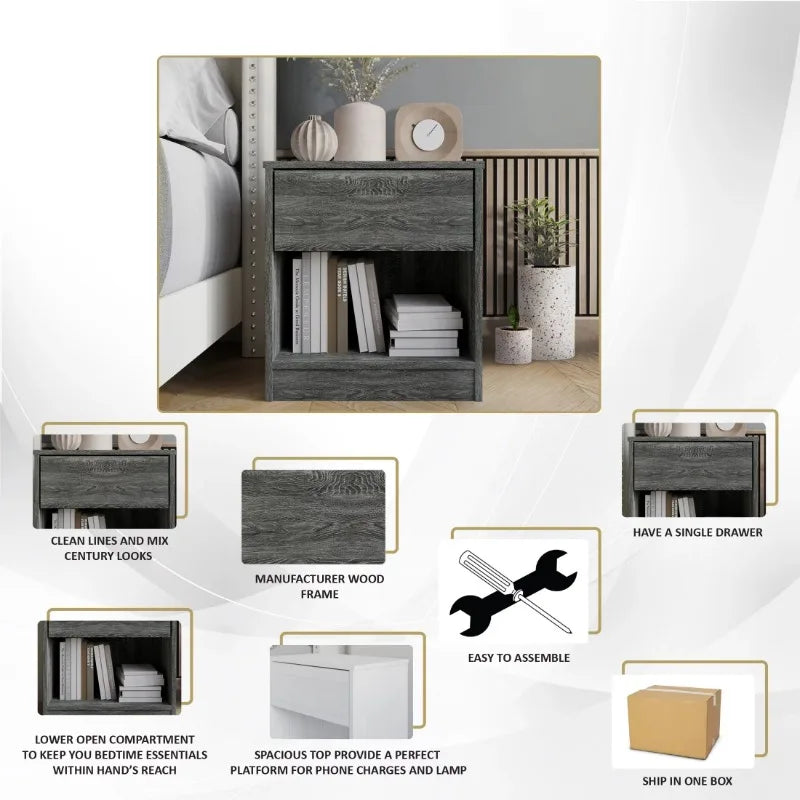 Versatile Wood Side Table for Living Room,  Nightstand with1Drawer, Dark Gray