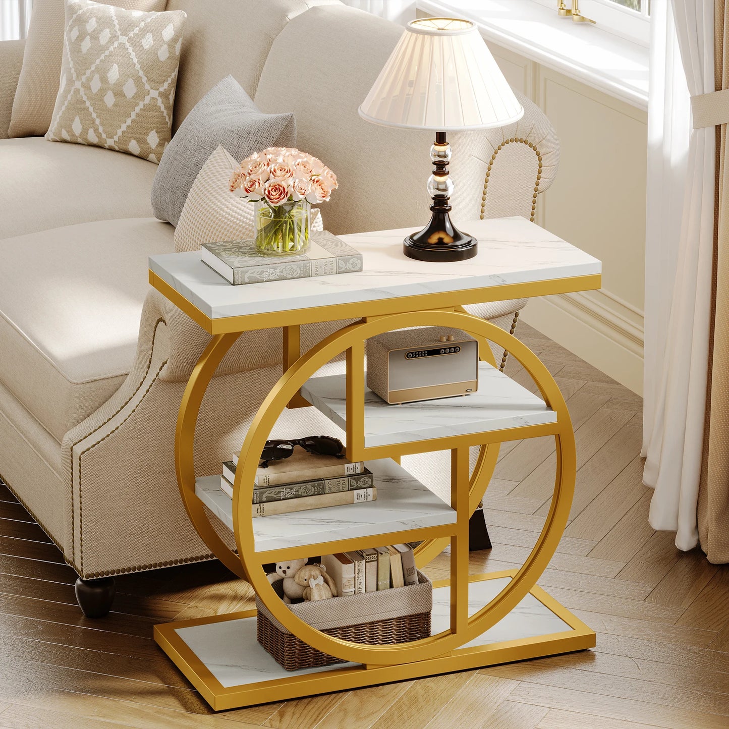 End Table for Living Room, 4-Tier Narrow Side Table with Storage Shelves,