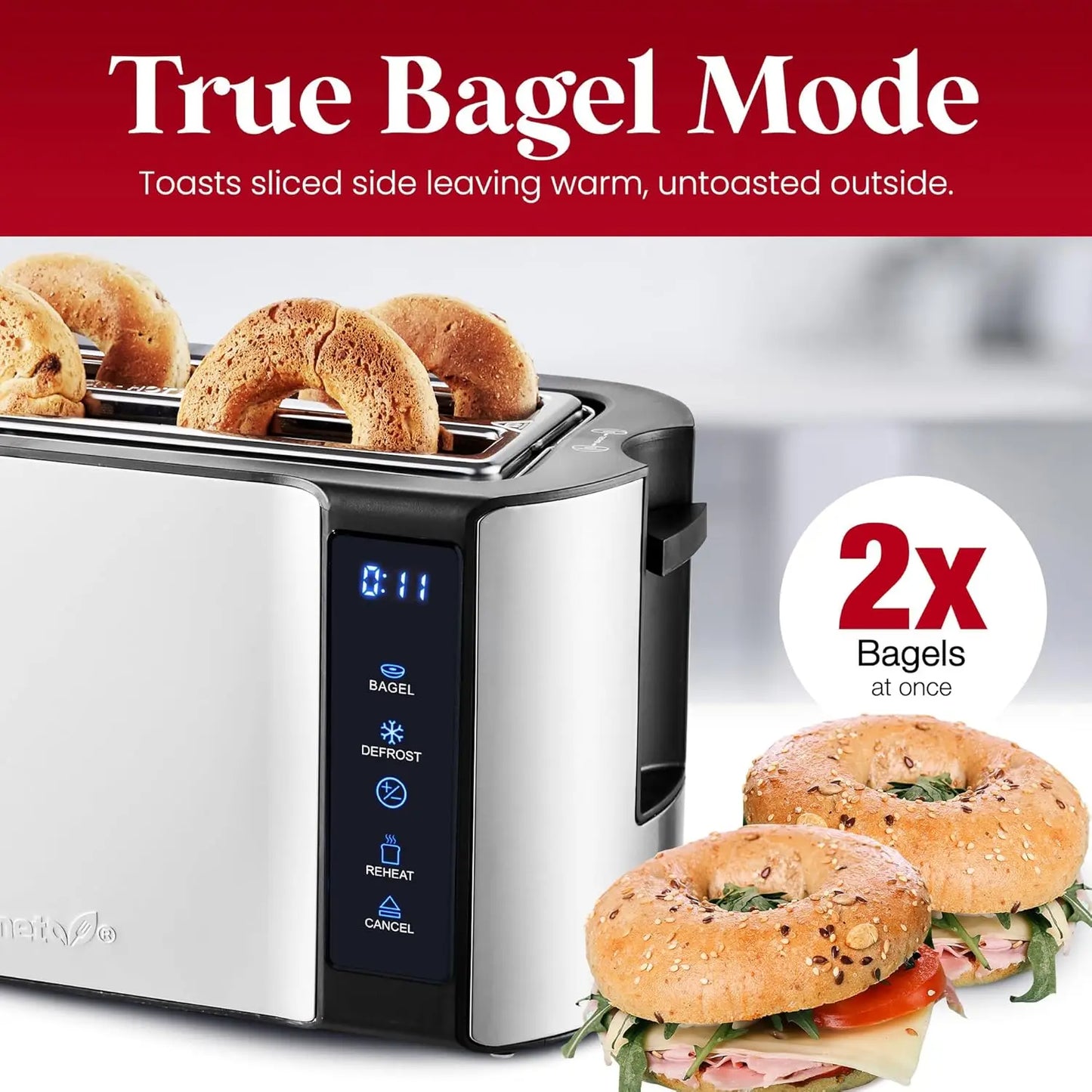 Long Slot 4-Slice Toaster with Timer, Bagel Function,