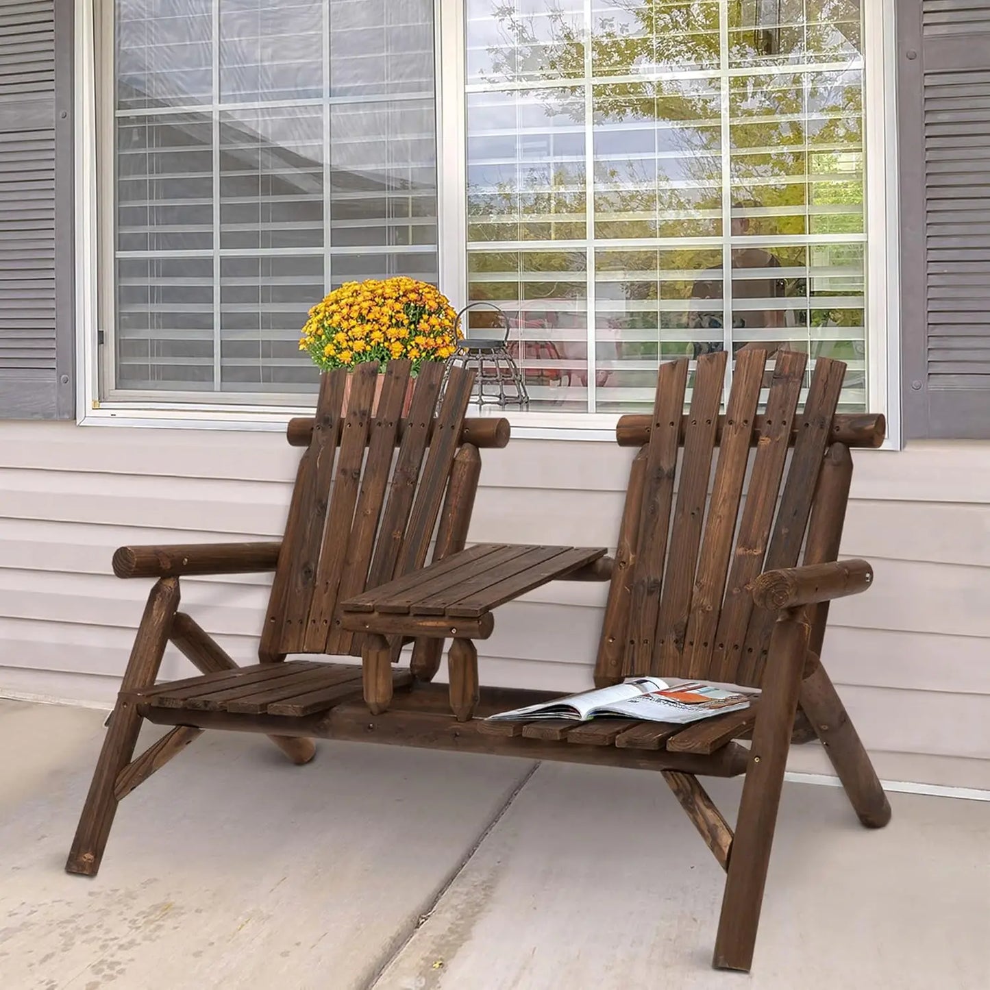 2-Seat Wooden Adirondack Chair, Patio Bench with Table,