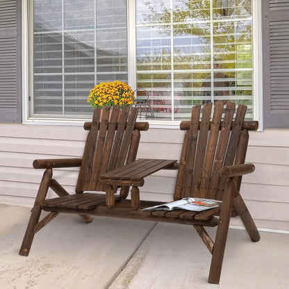 2-Seat Wooden Adirondack Chair, Patio Bench with Table,