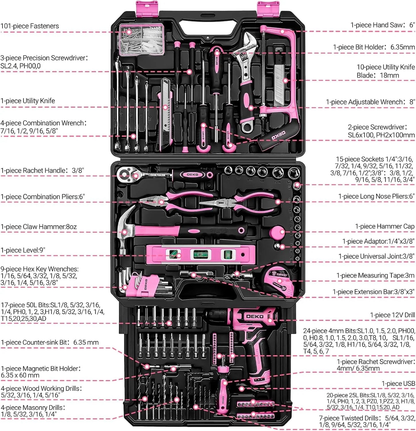 DEKO Home Mechanic Toolbox Power Cordless Drill Hand Repair