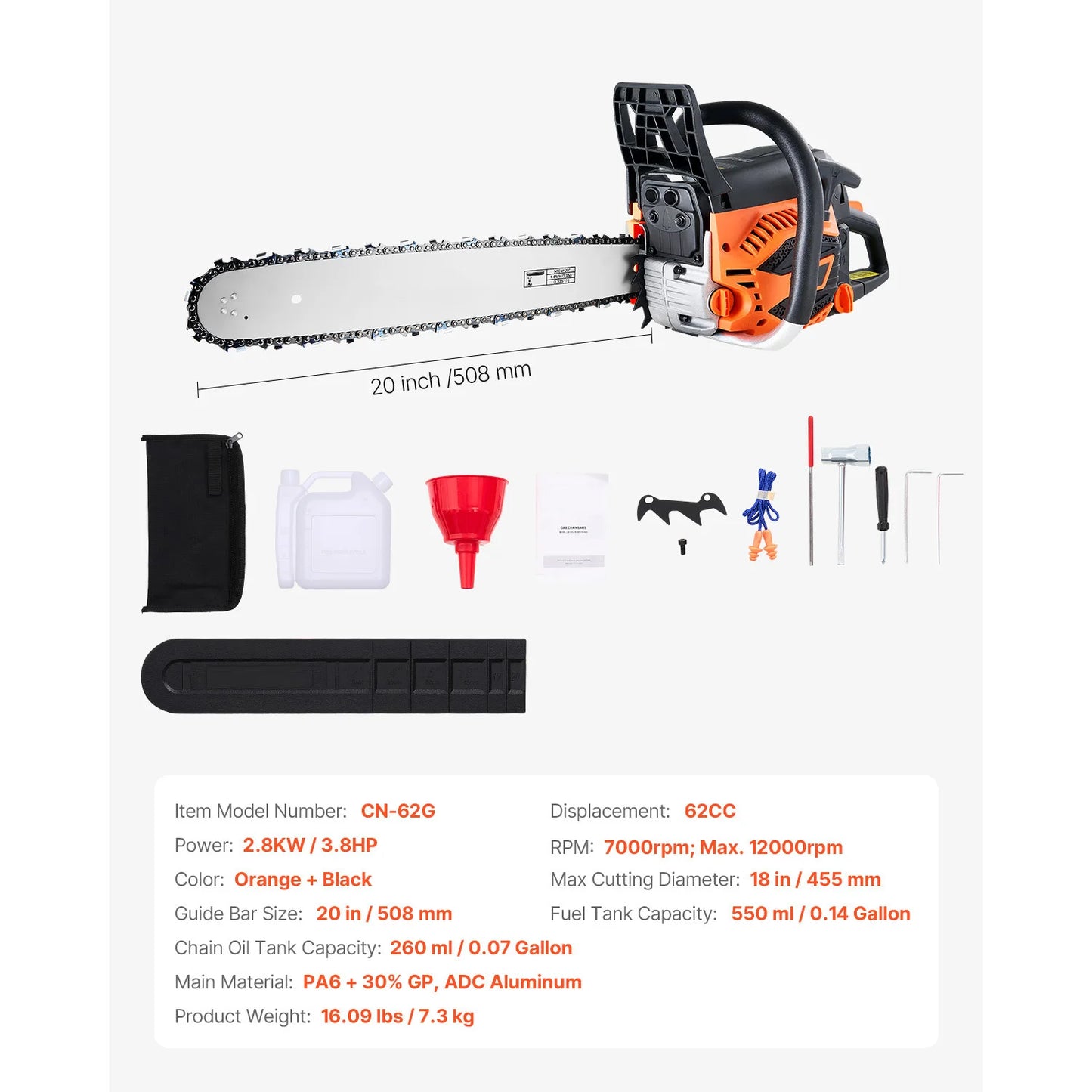SucceBuy 62 cc Gas Chainsaw 20 in Gas Powered Chainsaw 3.8 HP PowerHandle with Dual Fuel Tanks