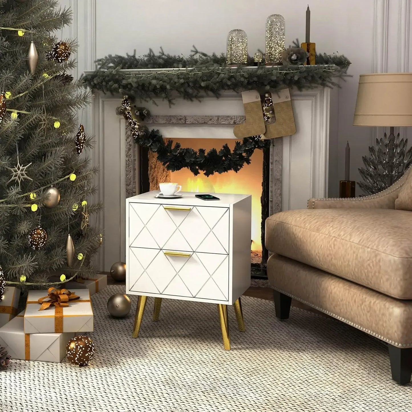 2 Drawers White Bedside Table, with Gold Leg