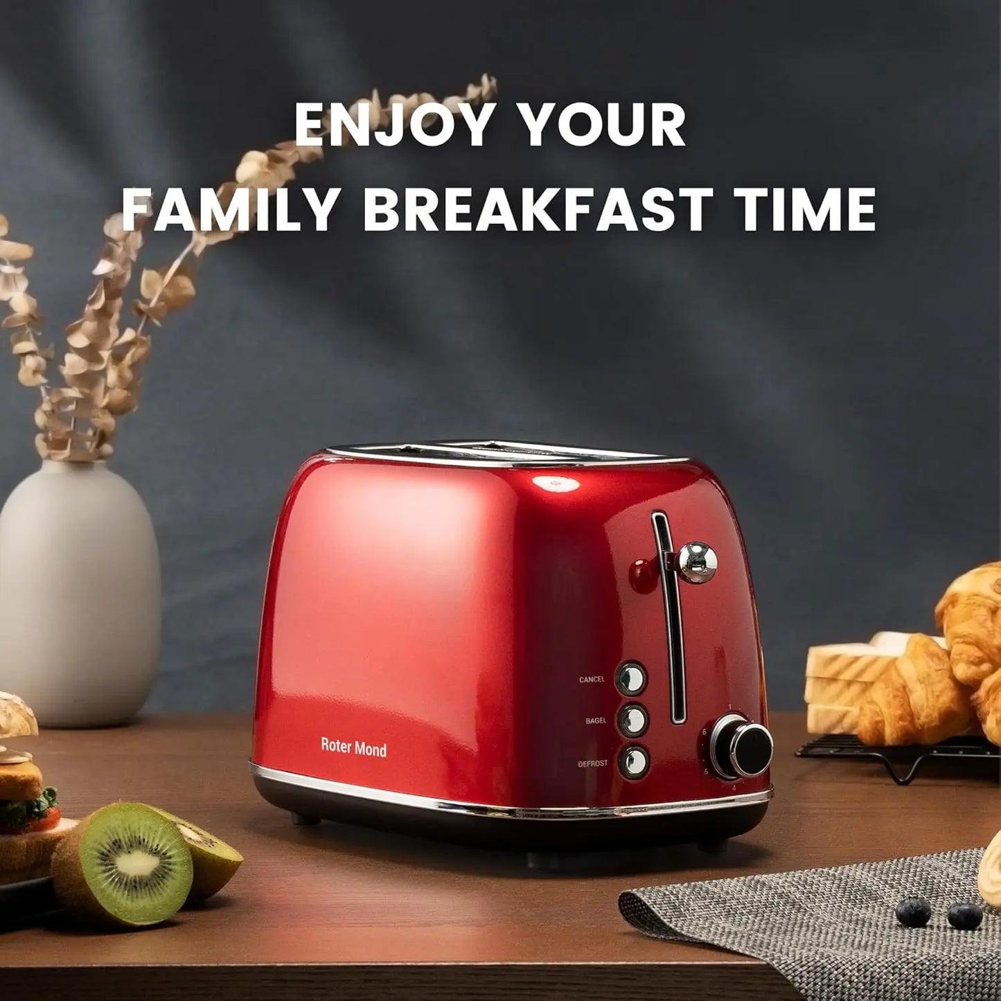 2 Slice Toaster Retro Stainless Steel, 6 Shade Settings, Removable Crumb Tray