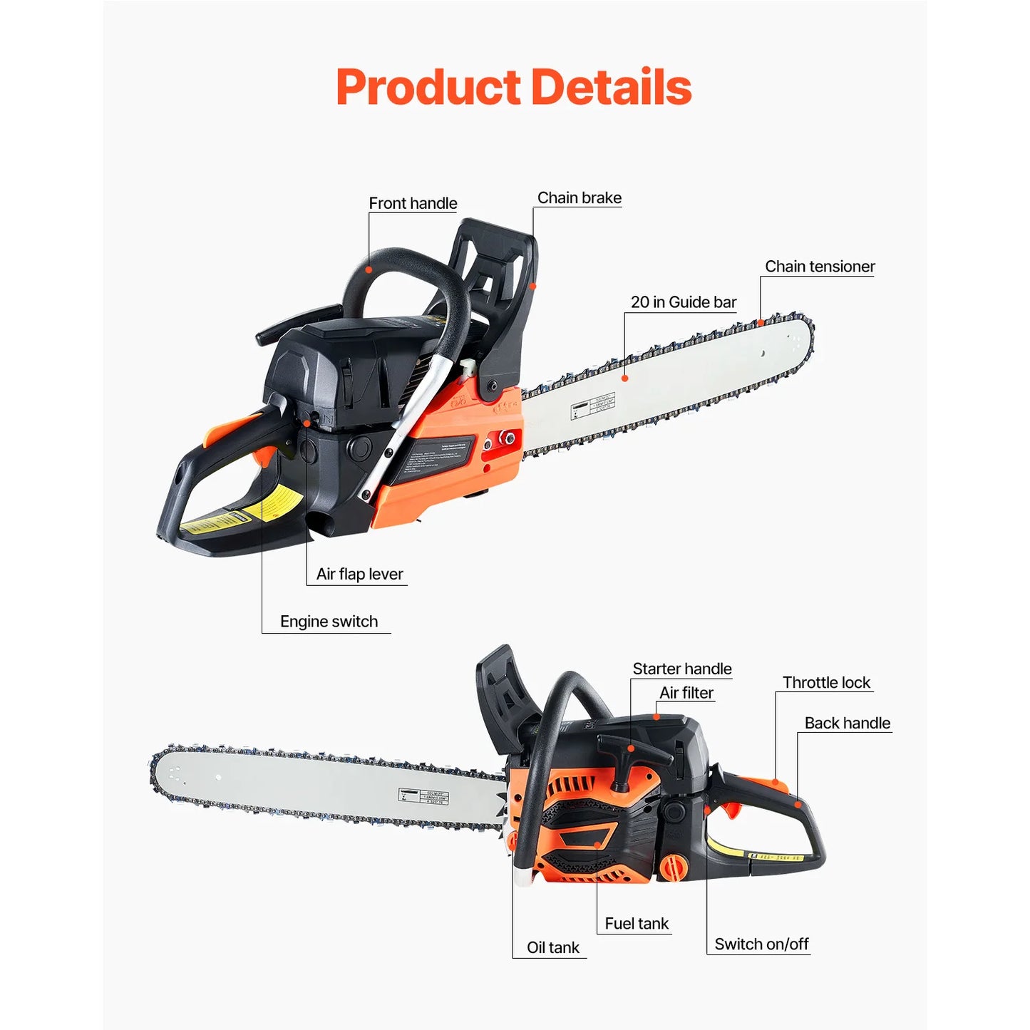 SucceBuy 62 cc Gas Chainsaw 20 in Gas Powered Chainsaw 3.8 HP PowerHandle with Dual Fuel Tanks