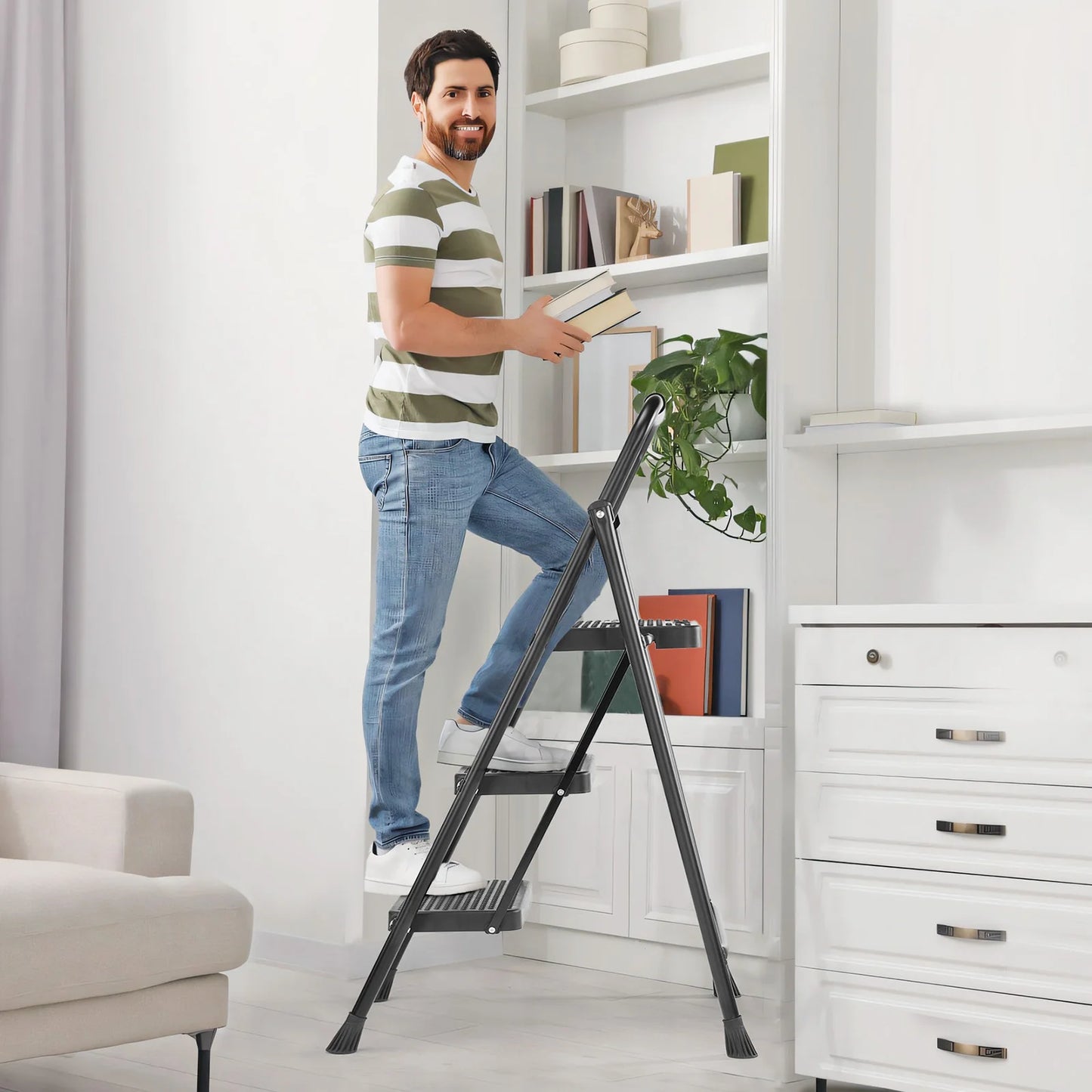 JHK Folding 2/3 Step Ladder Stool with Anti-Slip Pedal 800lbs Capacity Sturdy Steel