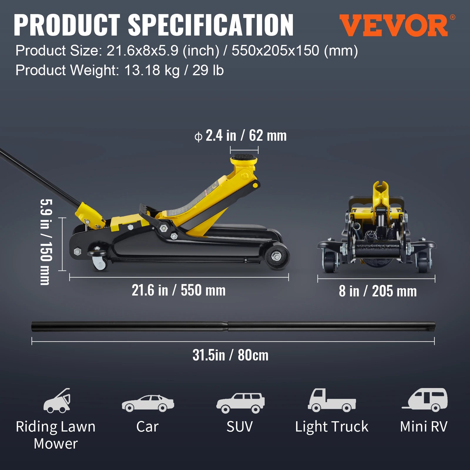 DutchesHomeLiving 2.5T pneumatic low profile floor jack heavy duty steel