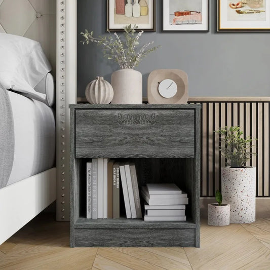 dutcheshomeliving versatile wood side table dark gray drawer open