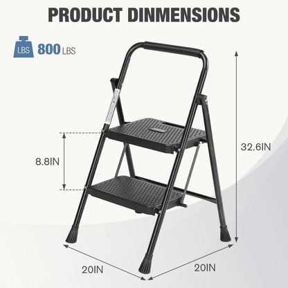 JHK Folding 2/3 Step Ladder Stool with Anti-Slip Pedal 800lbs Capacity Sturdy Steel