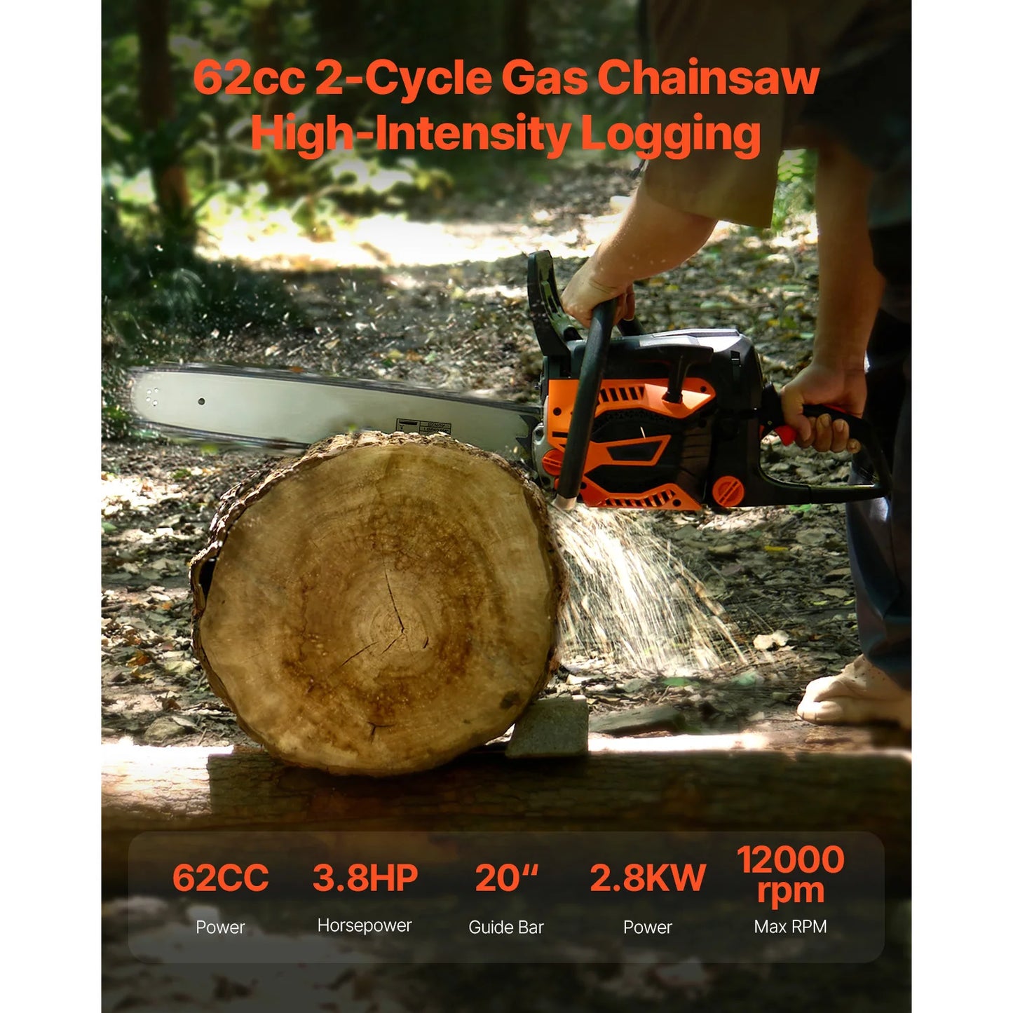 SucceBuy 62 cc Gas Chainsaw 20 in Gas Powered Chainsaw 3.8 HP PowerHandle with Dual Fuel Tanks