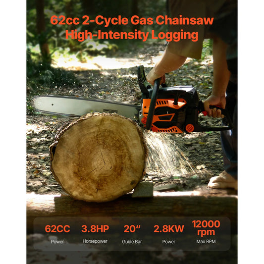 dutcheshomeliving 62cc 2-Cycle Gas Chainsaw for High-Intensity Logging with 3.8HP and 12000 rpm capacity.