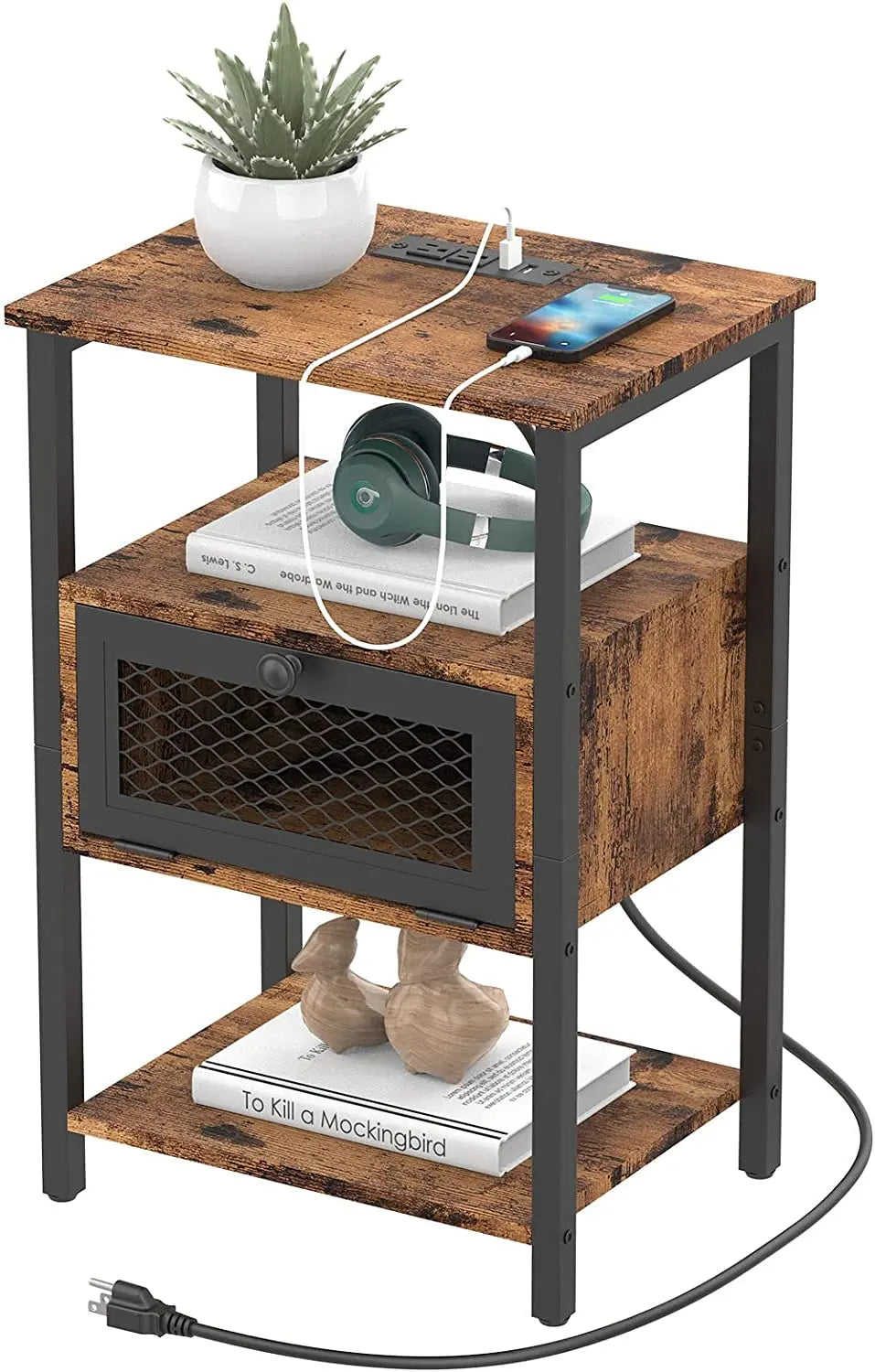 Side Tables with Charging Station and Drawer Set of 2 Night Stands with USB Ports