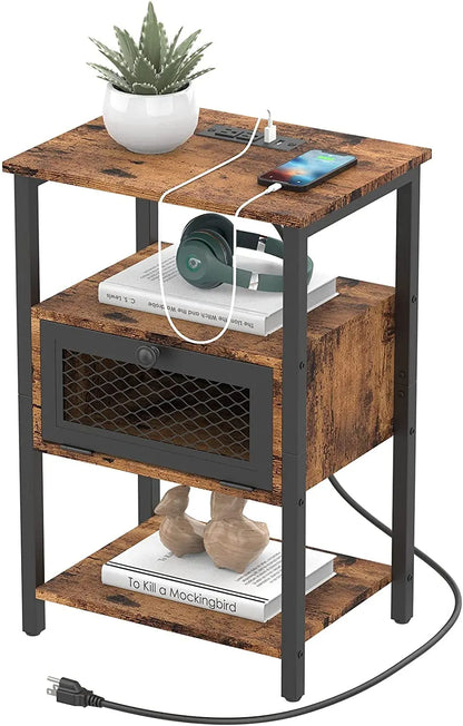 Side Tables with Charging Station and Drawer Set of 2 Night Stands with USB Ports