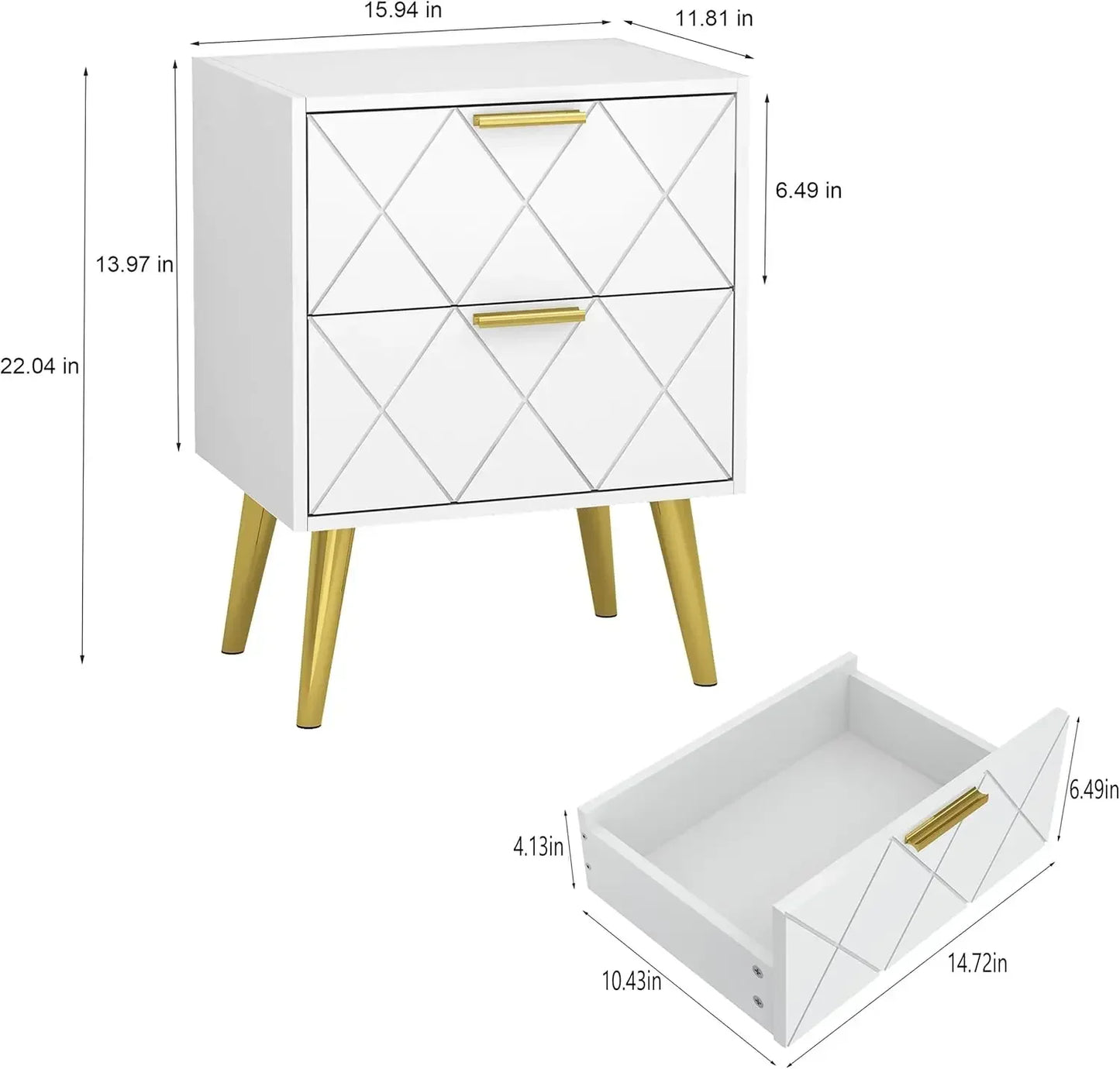 2 Drawers White Bedside Table, with Gold Leg