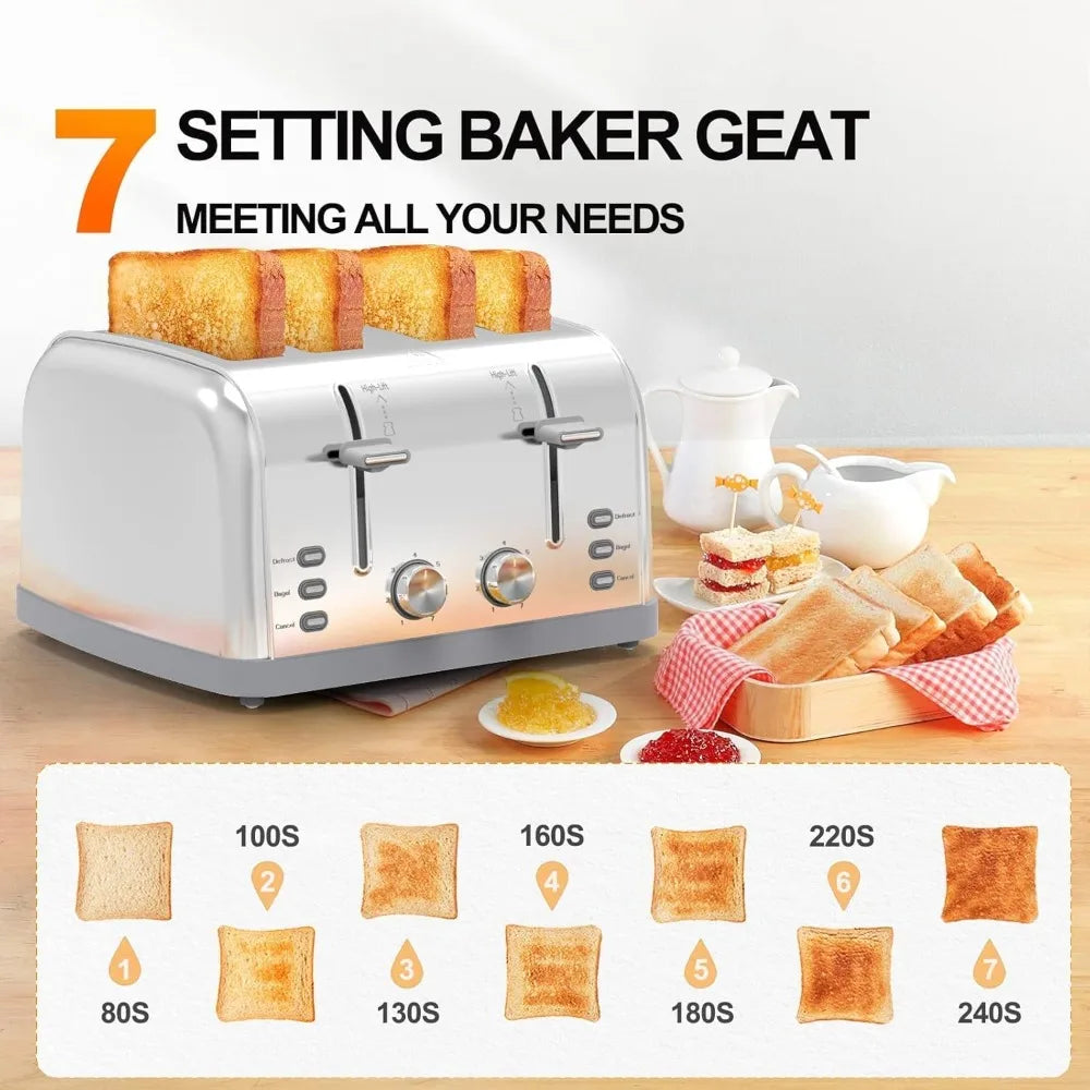 4 Slice Retro Stainless Steel, Toaster Wide Solt with 7 Shade Settings, Waffles, Bagels