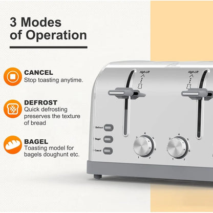 4 Slice Retro Stainless Steel, Toaster Wide Solt with 7 Shade Settings, Waffles, Bagels