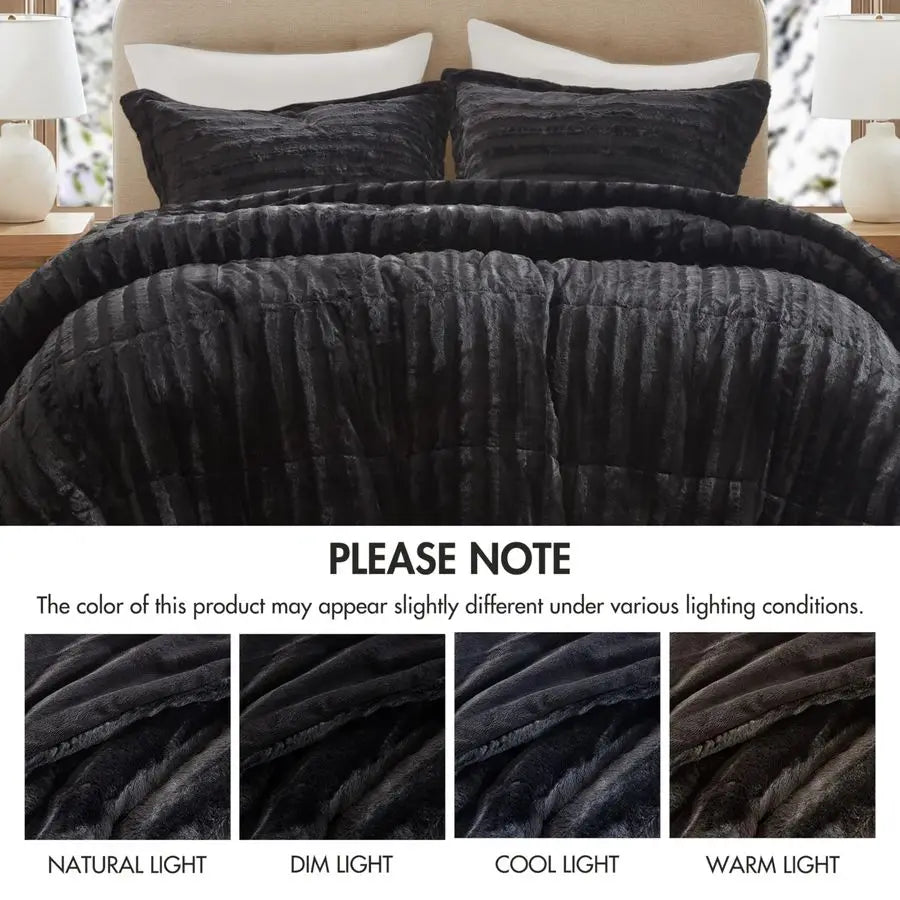 Faux Fur Reversible Comforter Set, Down  with Matching Shams,