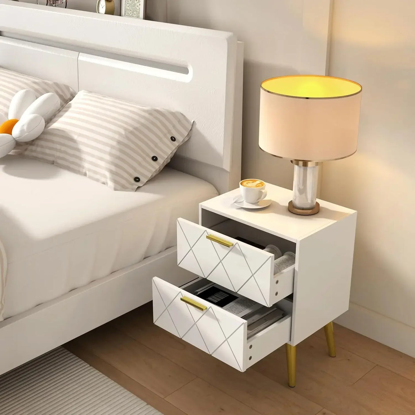2 Drawers White Bedside Table, with Gold Leg
