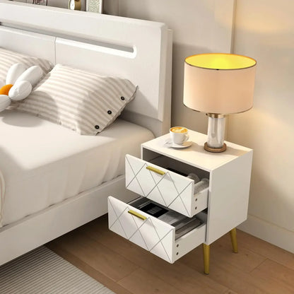 2 Drawers White Bedside Table, with Gold Leg