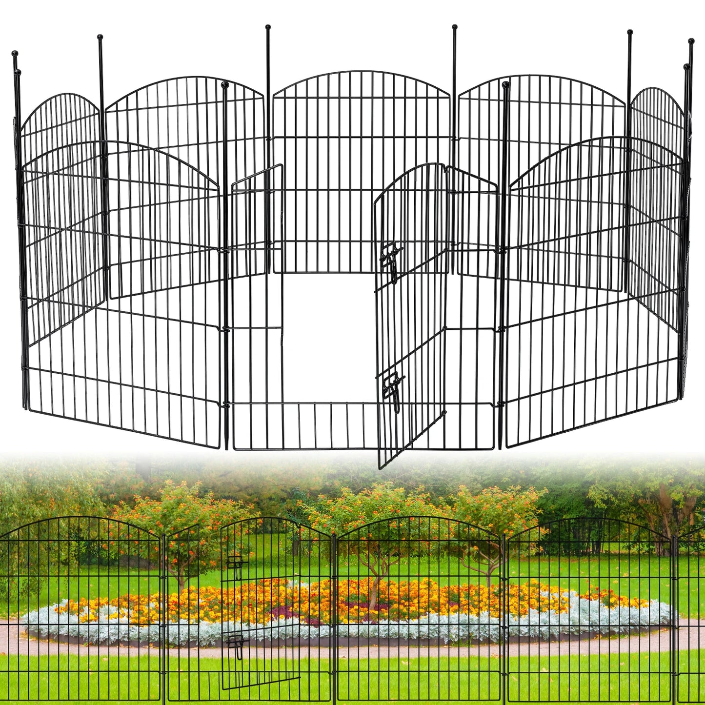 No Dig Decorative Garden Fence with Gate 32in (H) x 24ft (L), Temporary Dog Fencing