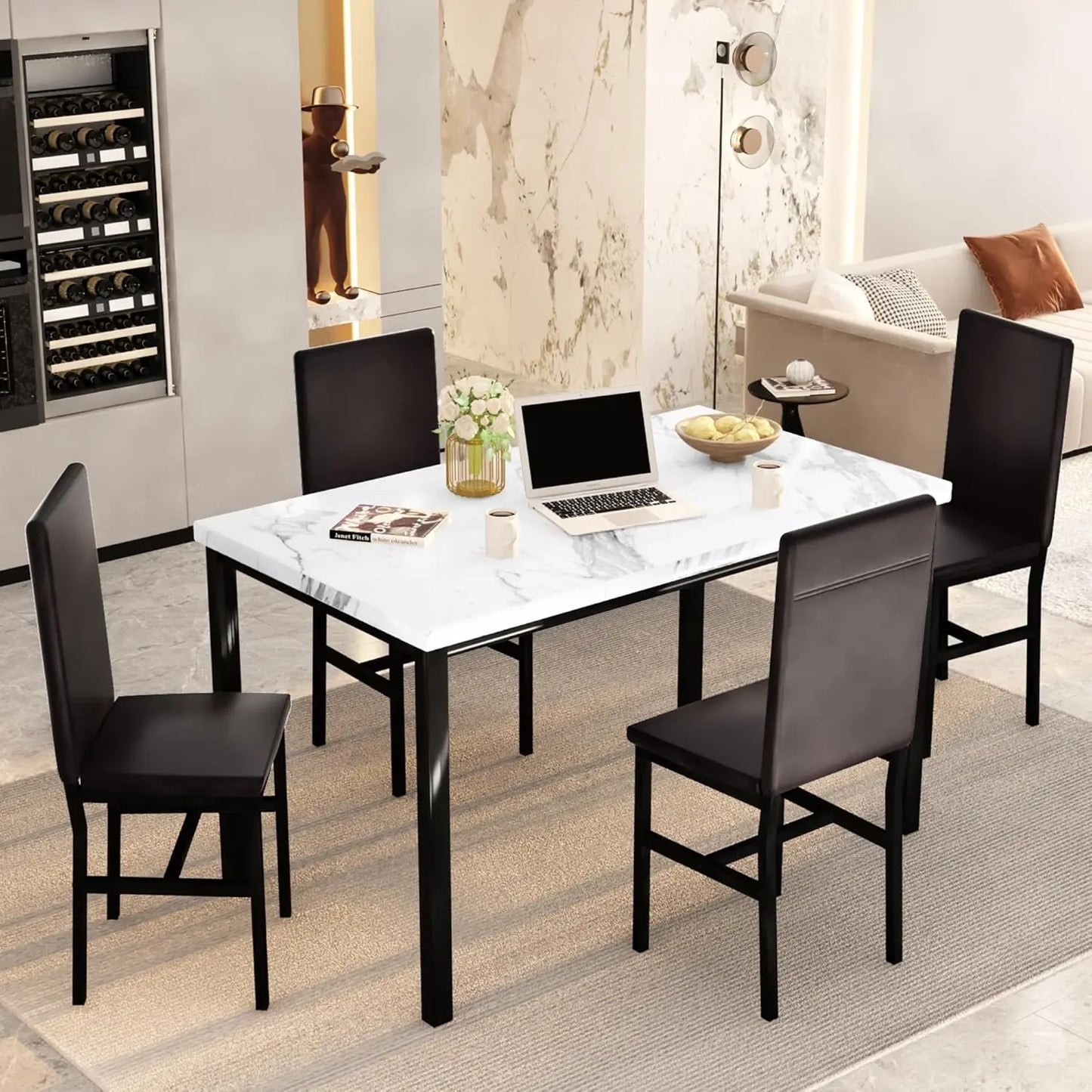 Dining Room Sets Faux Marble Table with 4 Leather Chairs