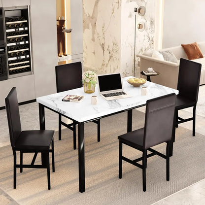 Dining Room Sets Faux Marble Table with 4 Leather Chairs