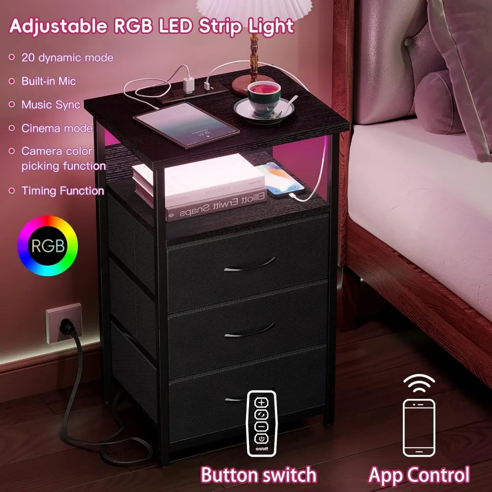 LED Nightstand with Charging Station, USB Ports,  Lighting, Black