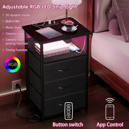 LED Nightstand with Charging Station, USB Ports,  Lighting, Black